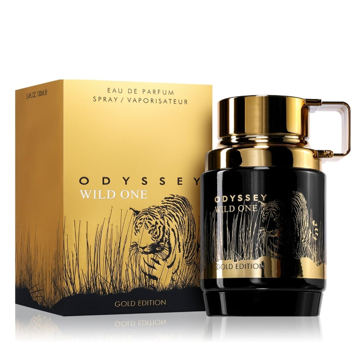 Frasco negro con tapón dorado y dibujo de un tigre, junto a su caja dorada, de Odyssey Wild One Gold Edition Eau de Parfum de Armaf, 100 ml.