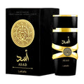 Frasco negro con detalles dorados y caja de Lattafa Asad Eau de Parfum, 100 ml.