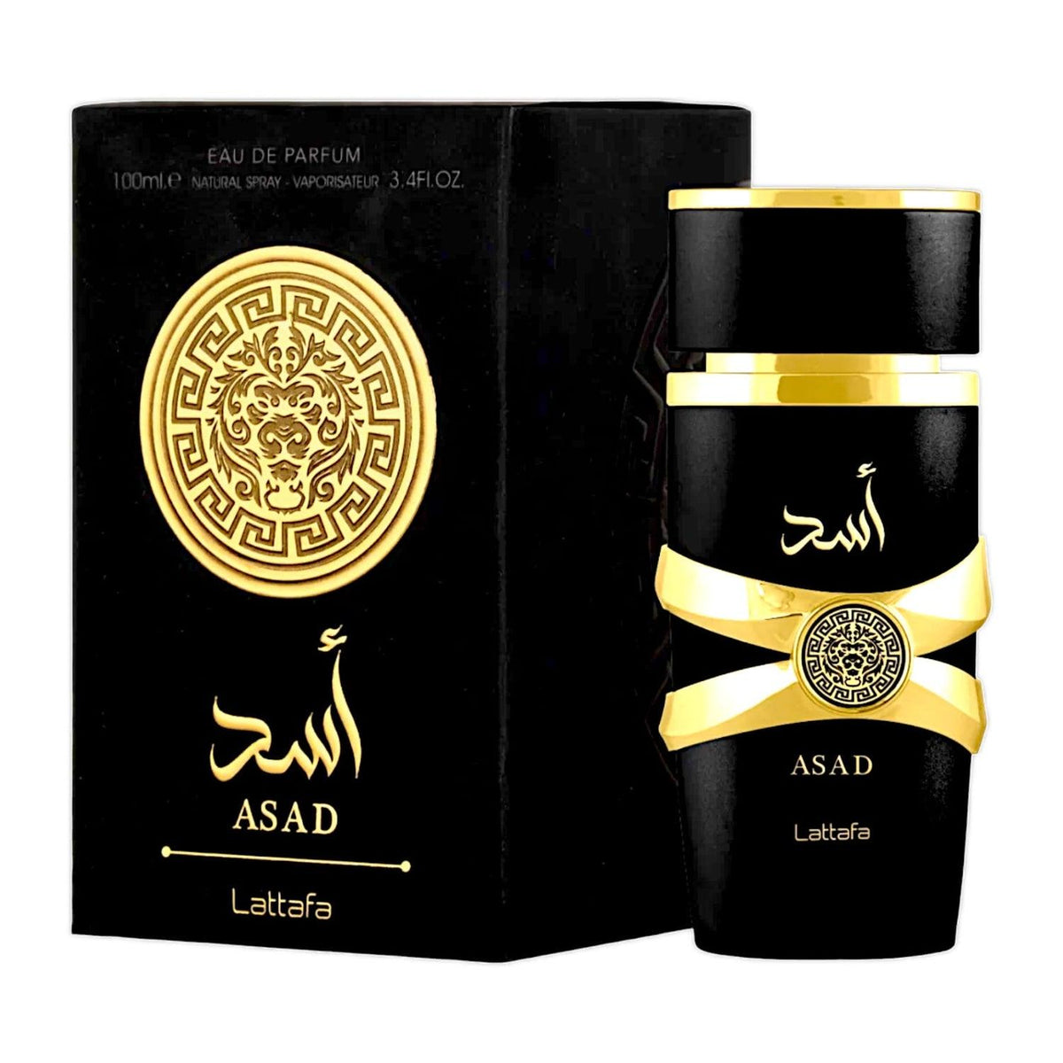 Frasco negro con detalles dorados y caja de Lattafa Asad Eau de Parfum, 100 ml.