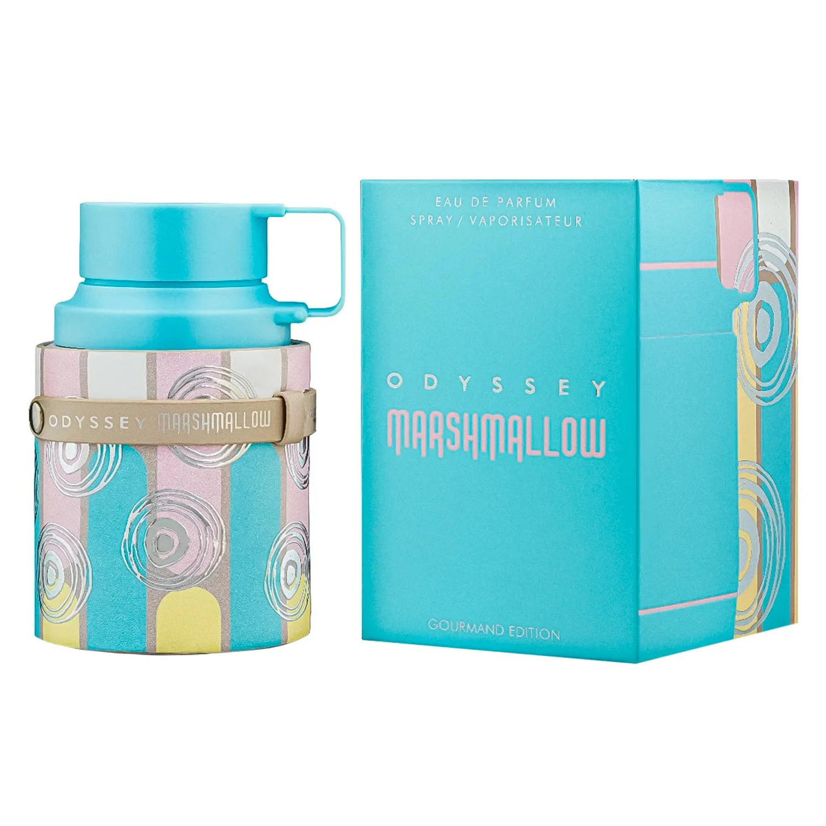 Frasco con tapón turquesa y motivos circulares en tonos pastel, junto a su caja turquesa, de Odyssey Maarshmallow Gourmand Edition Eau de Parfum de Armaf, 100 ml.