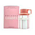 Frasco a rayas rosas y blancas con tapón coral y caja rosa de Odyssey Candee Special Edition Eau de Parfum de Armaf, 100 ml.
